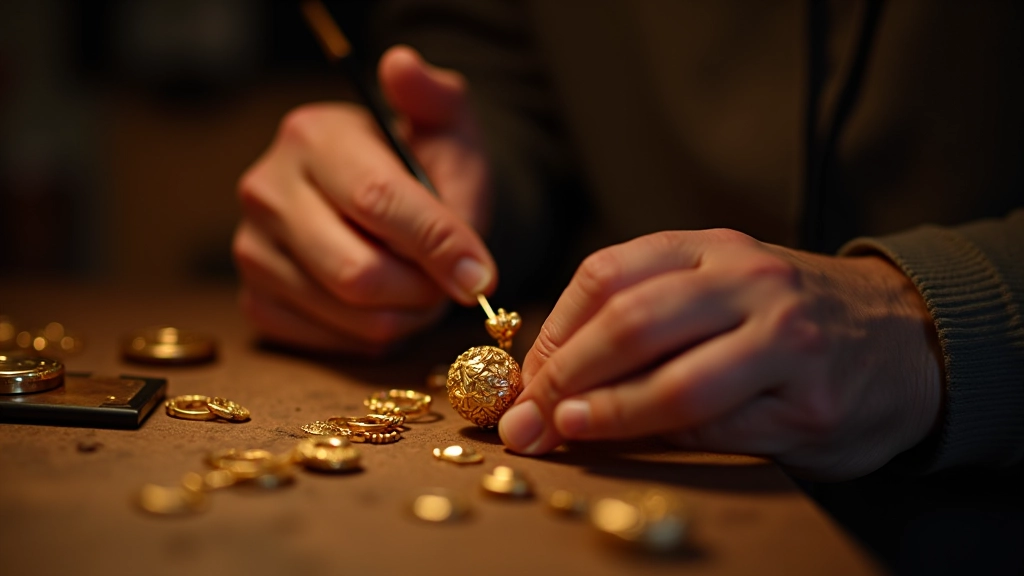 Primo piano delle mani di un orafo mentre lavora con pinze e bulino su un pezzo d'oro illuminato da luce frontale