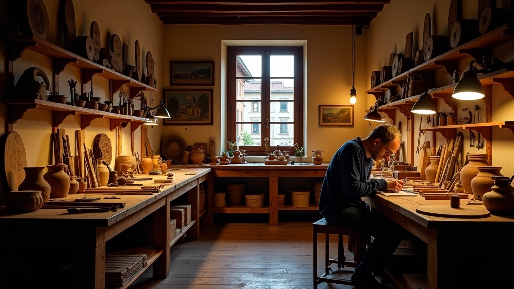 Interno di una bottega artigiana del Oltrarno con attrezzi antichi, tavoli di lavoro e dettagli di mestiere tradizionale, illuminazione calda