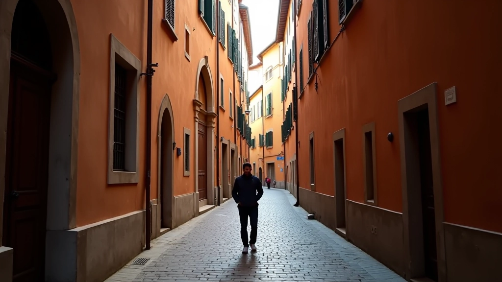Via stretta dell'Oltrarno con case in cotto, finestre caratteristiche, e una persona che passeggia sola, atmosfera tranquilla