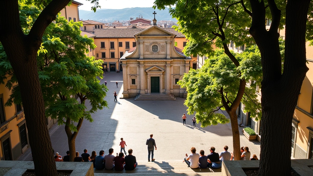 Piazza Santo Spirito vista dall'alto con la basilica, alberi, e persone sedute sugli scalini, scena tipica del quartiere Oltrarno