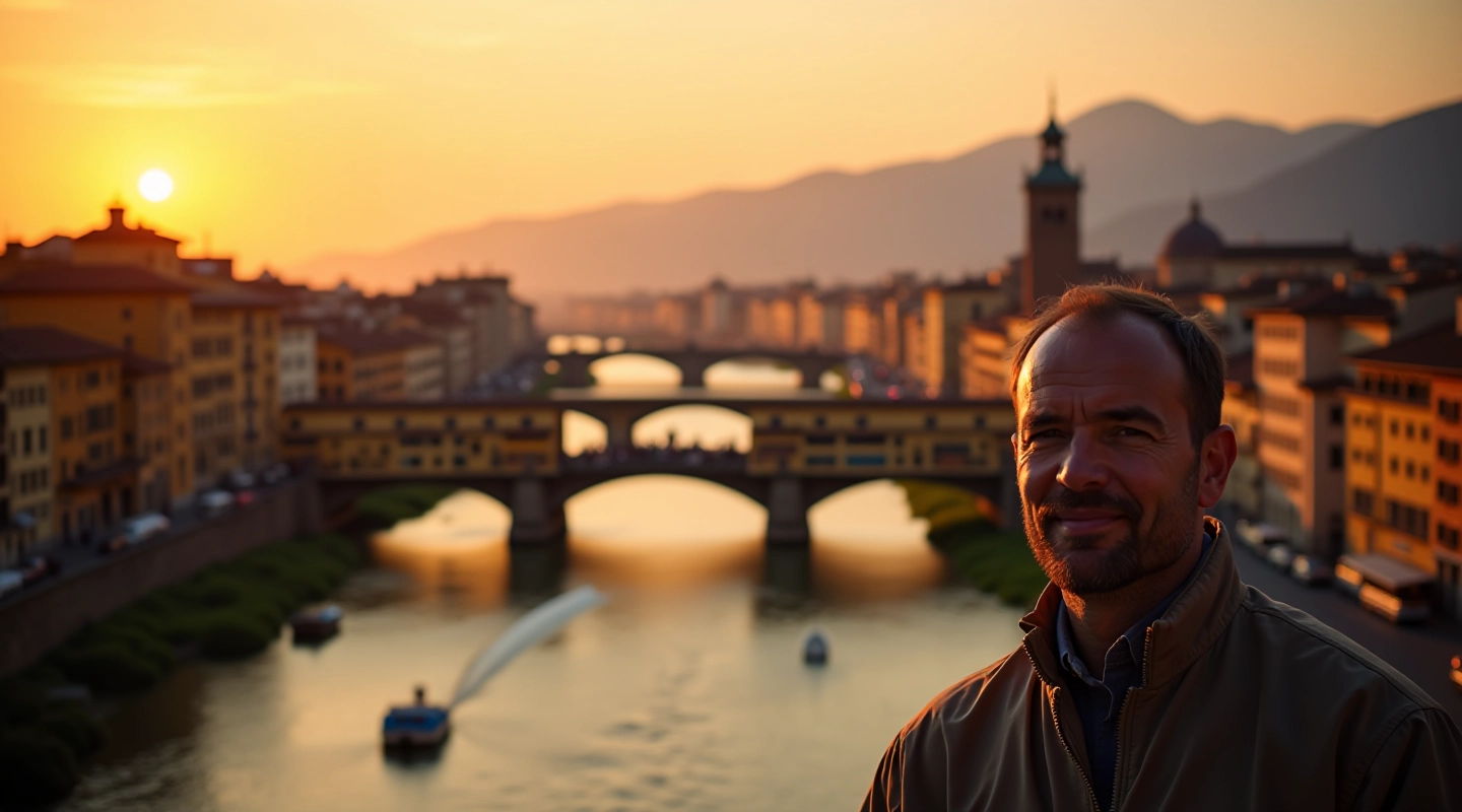 Vista panoramica di Firenze dal ponte Vecchio con il fiume Arno e le colline toscane al tramonto